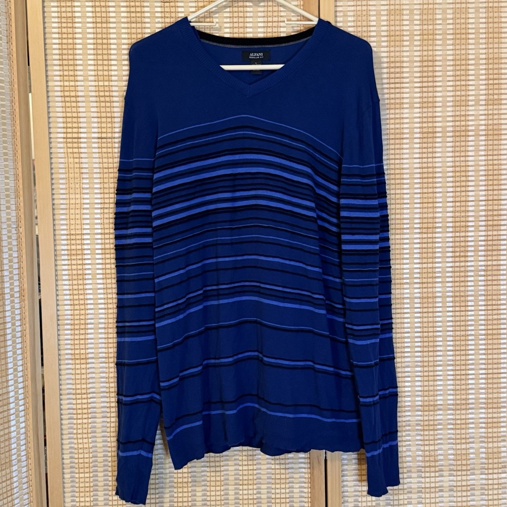 Alfani Mens‎ L Sweater Textured Stripes V-Neck Blue Preppy Office Luxury